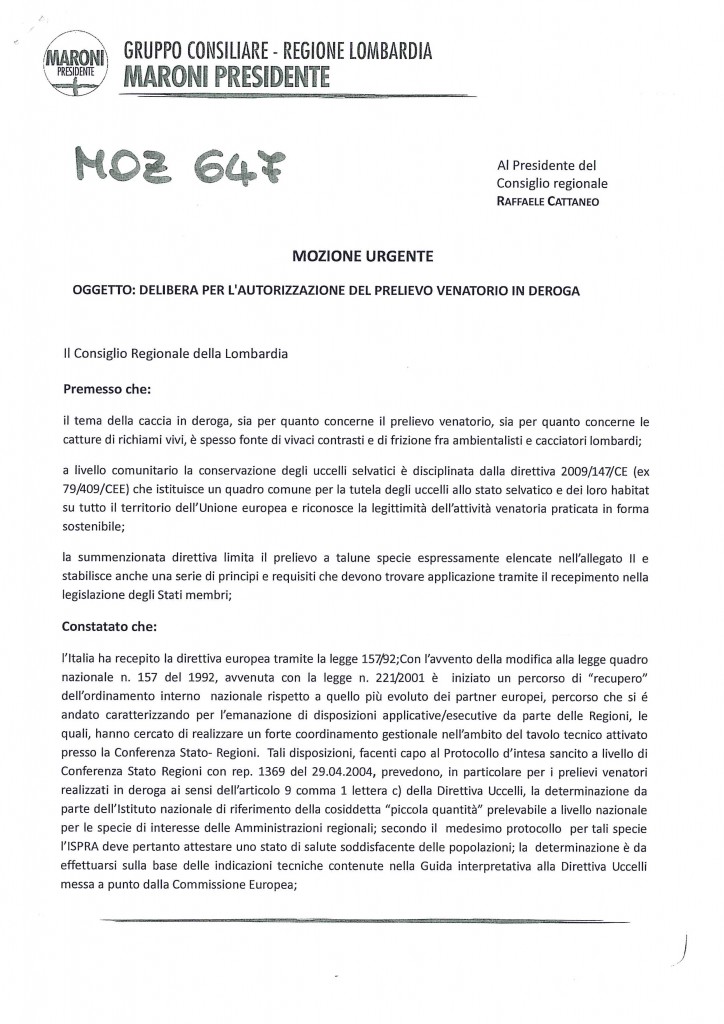 mozione urgente prelievo venatorio in deroga 16 giugno 2016