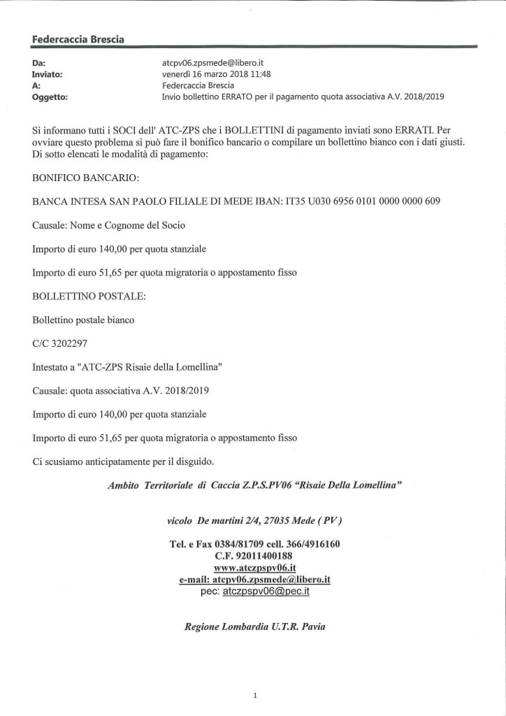 L' ATC ZPS PV 6 "Risaie della Lomellina" bollettini errati