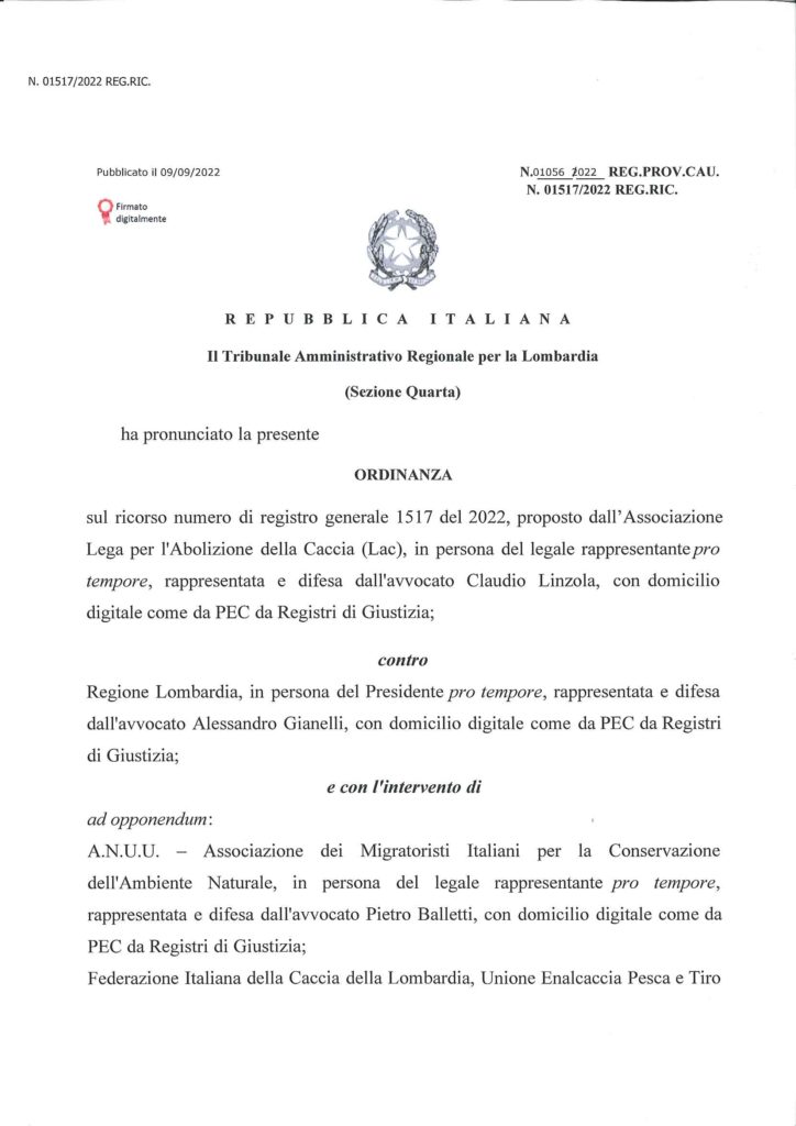 Il Tar accoglie la richiesta sospensiva Federcaccia Brescia